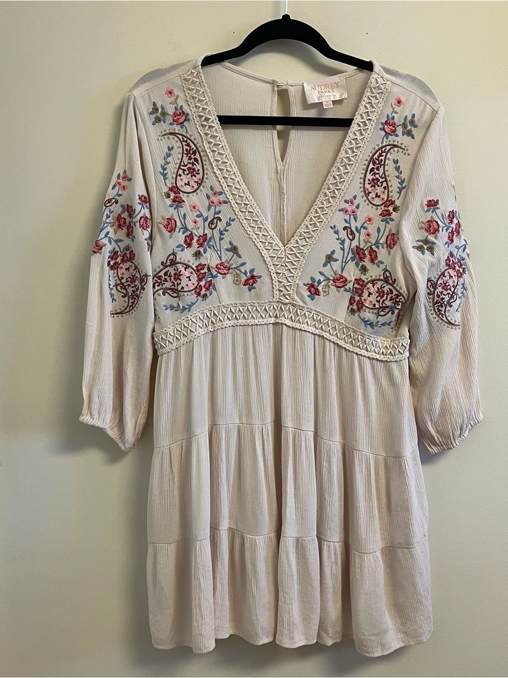 Boho Peasant Floral Embroidered Women’s Tiered Mini Dress Large Concert Festival